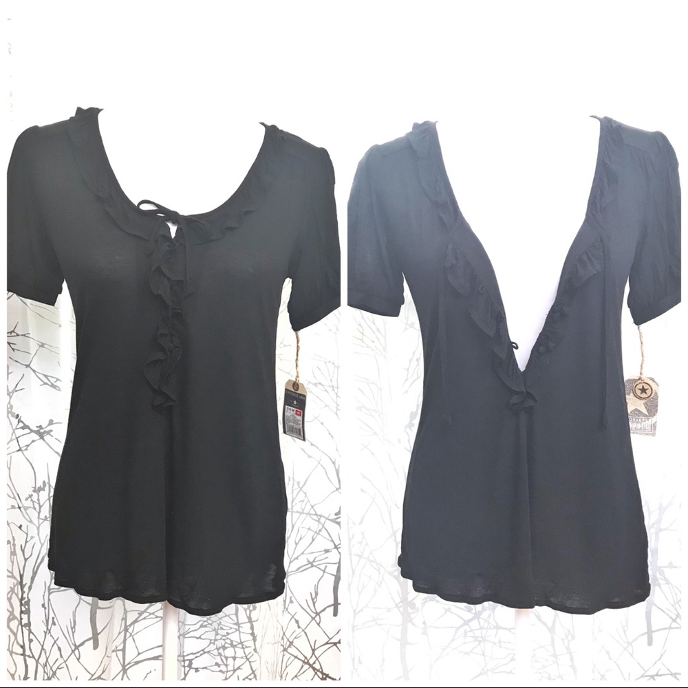 Converse all black ruffle button up string tie round neck short sleeve shirt top